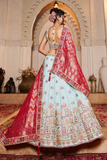 White Tissue Embroidered Lehenga Choli with Red Dupatta