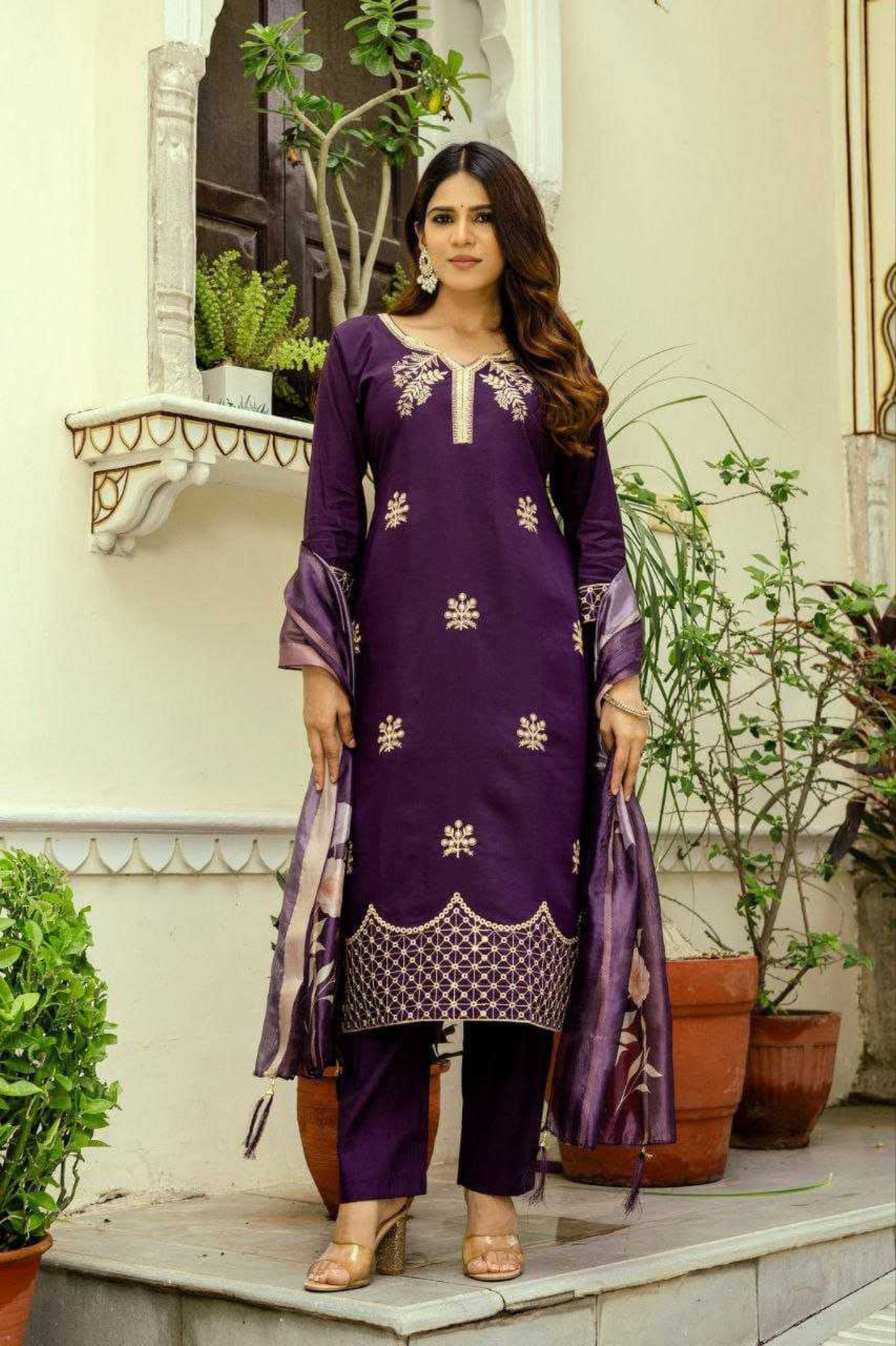 Elegant Purple Roman Silk Dupatta Set