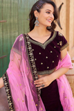 Wine Velvet Embroidered Zari Work Lehenga Set with Net Dupatta