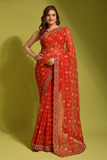 Red Georgette Chiffon Saree with Floral Foil Print and Embroidered Lace Border