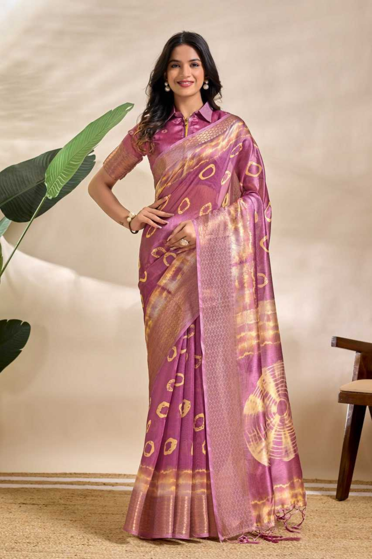 Mauve Soft Silk Blend Saree with Golden Tie-Dye & Zari Border