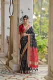 Black Soft Desi Raw Silk Saree with Pochampally Ikkat Concept & Zari Weaving Border