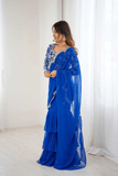 Azure Bloom Faux Georgette Ruffle Saree with Embroidered Blouse - kavyo.in