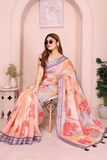 Peach Linen Cotton Floral Printed Saree with Striped Border & Tassels