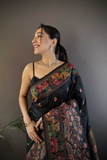 Black Soft Kashmiri Pashmina Silk Saree with Intricate Weaving Work