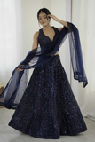 Navy Blue Sequin Embroidered Net Lehenga Choli with Dupatta
