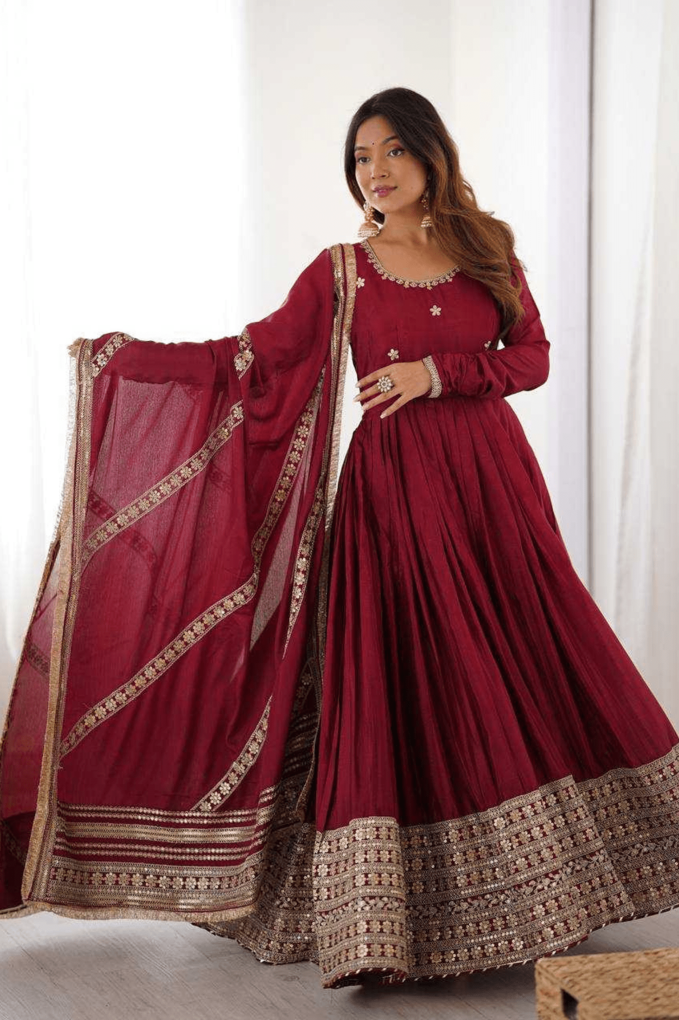 Maroon Chinon Silk Embroidered Anarkali Gown Set with Dupatta - kavyo.in