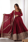 Maroon Chinon Silk Embroidered Anarkali Gown Set with Dupatta - kavyo.in