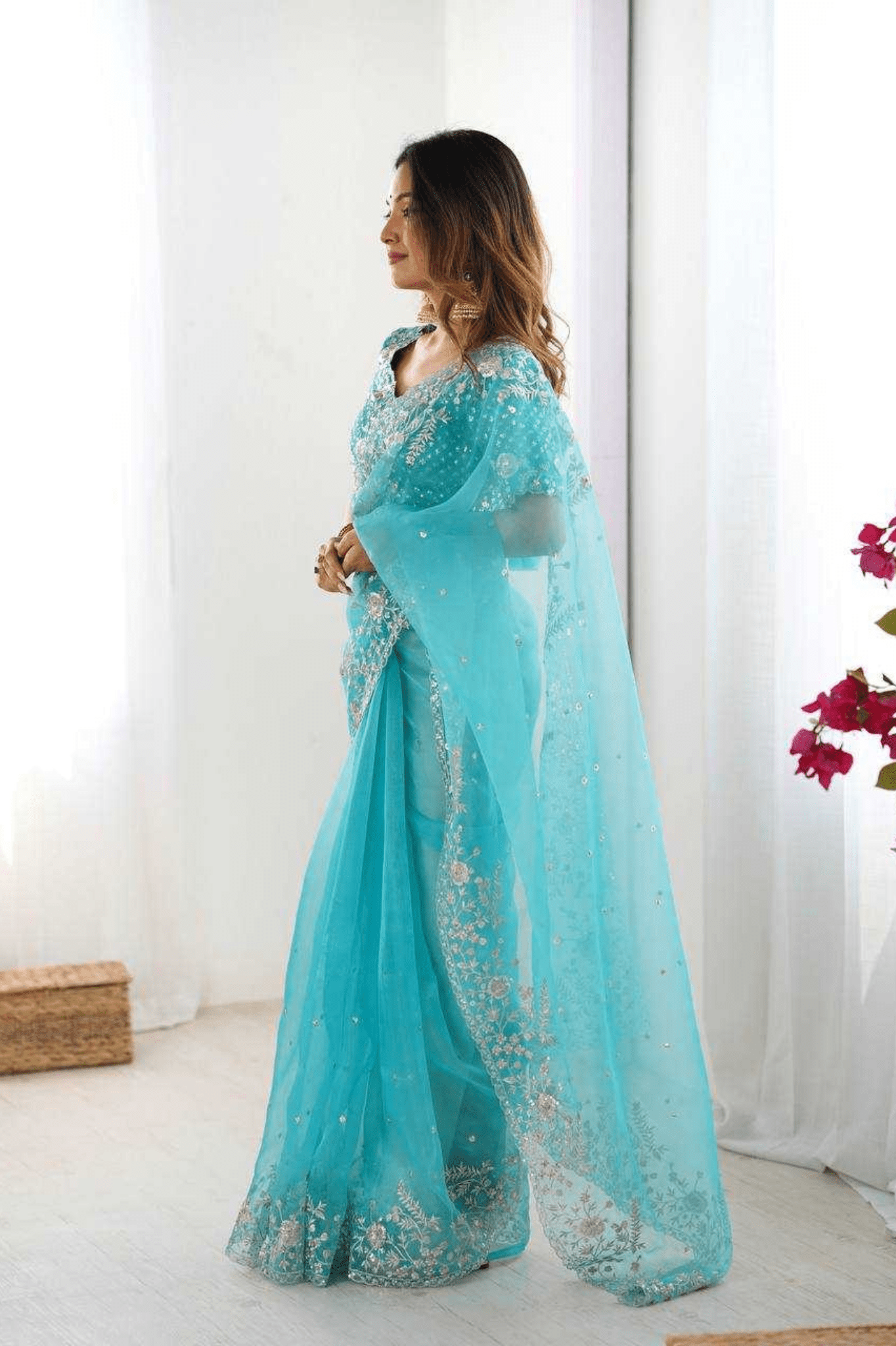 Azure Blue Heavy Organza Silk Saree - kavyo.in