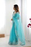 Azure Blue Heavy Organza Silk Saree - kavyo.in