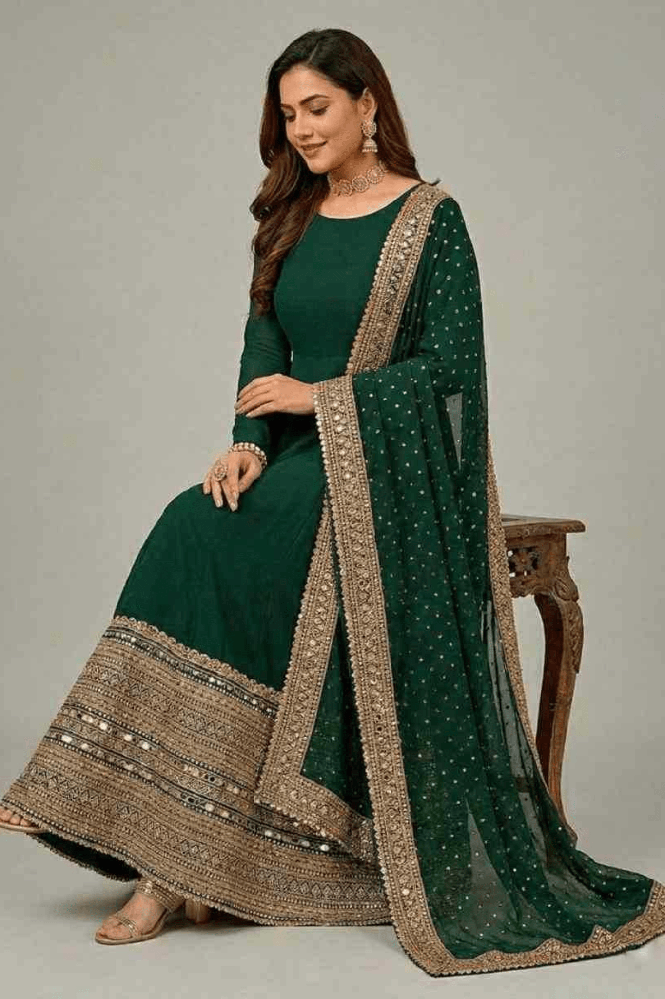 Emerald Green Roman Silk Anarkali Gown with Coding Sequins & Dupatta - kavyo.in