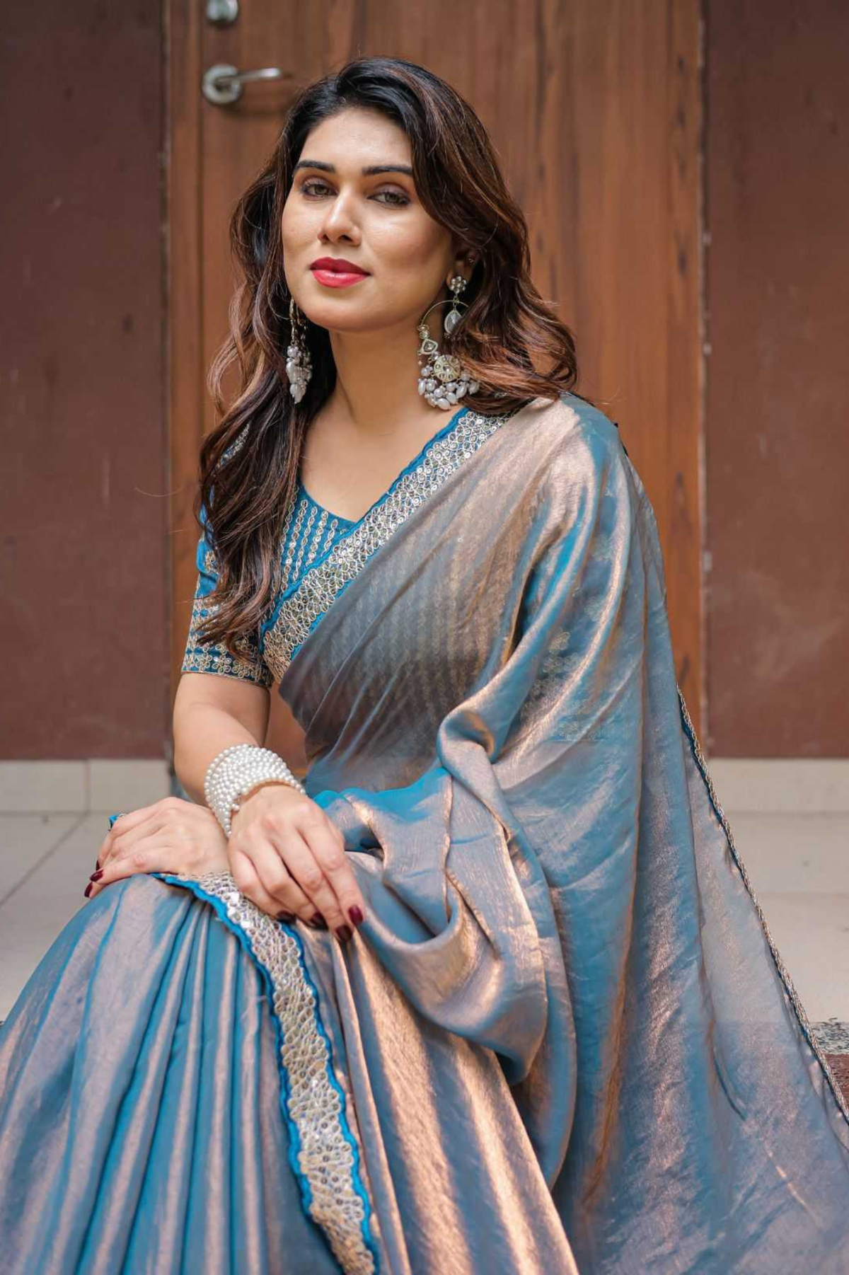 Fandy Chiffon Saree with Sequin Lace Border & Embroidered Blouse