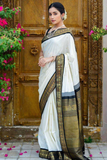 Soft Lichi Silk White Saree with Black & Golden Jacquard Border