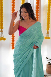 Aqua Blue Satin Georgette Saree with Multi-Thread Sequence Embroidery & Pink Blouse