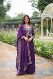 Elegant Faux Blooming Embroidered Anarkali Gown Set - Purple - kavyo.in