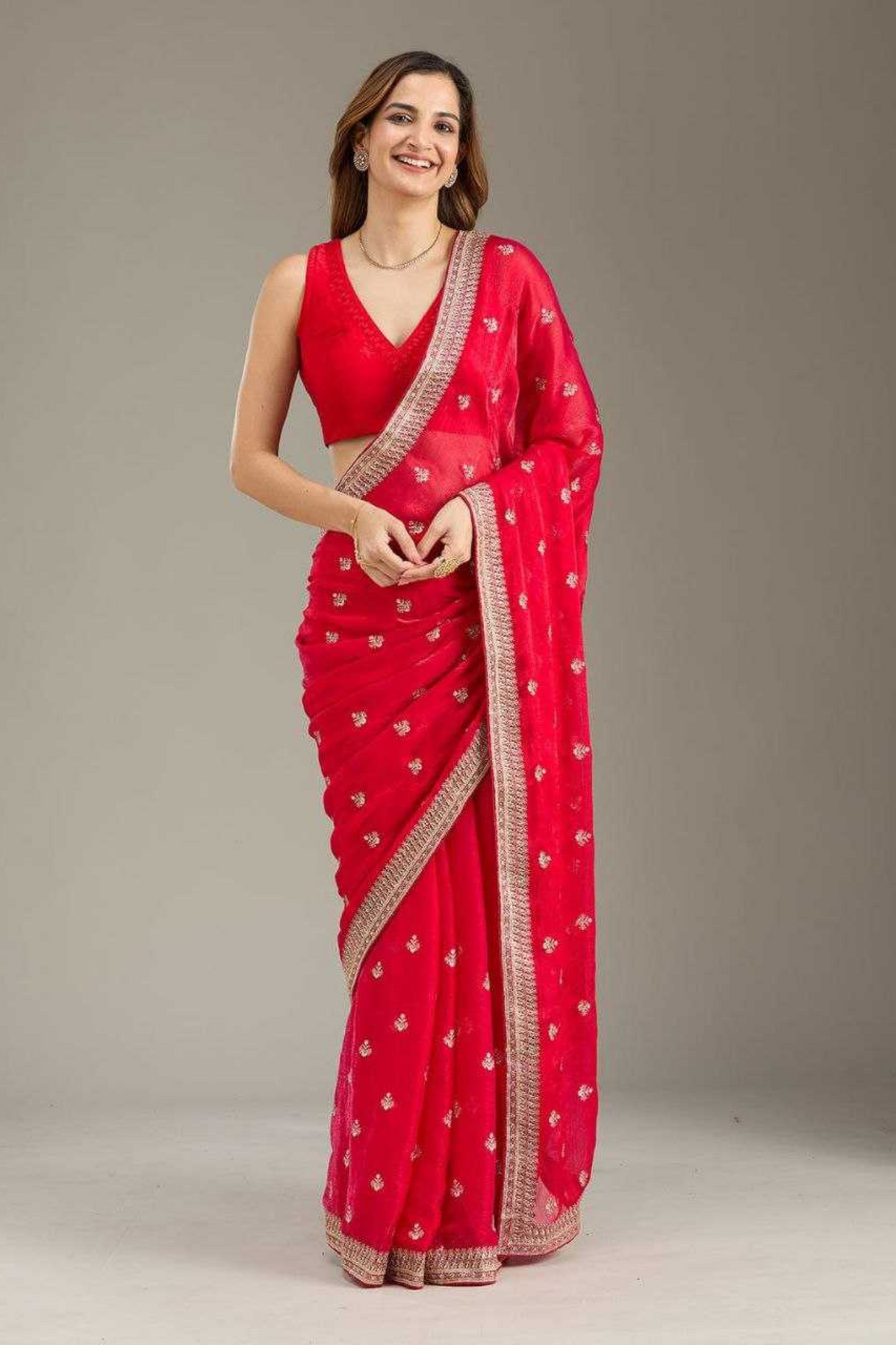 Red Soft Fancy Chiffon Saree with Zari Pallu & Hand Stone Work