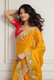 Yellow Soft Star Georgette Embroidered Saree with Contrast Banglory Silk Blouse