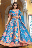 Blue Art Silk Floral Embroidered Semi-Stitched Lehenga Set