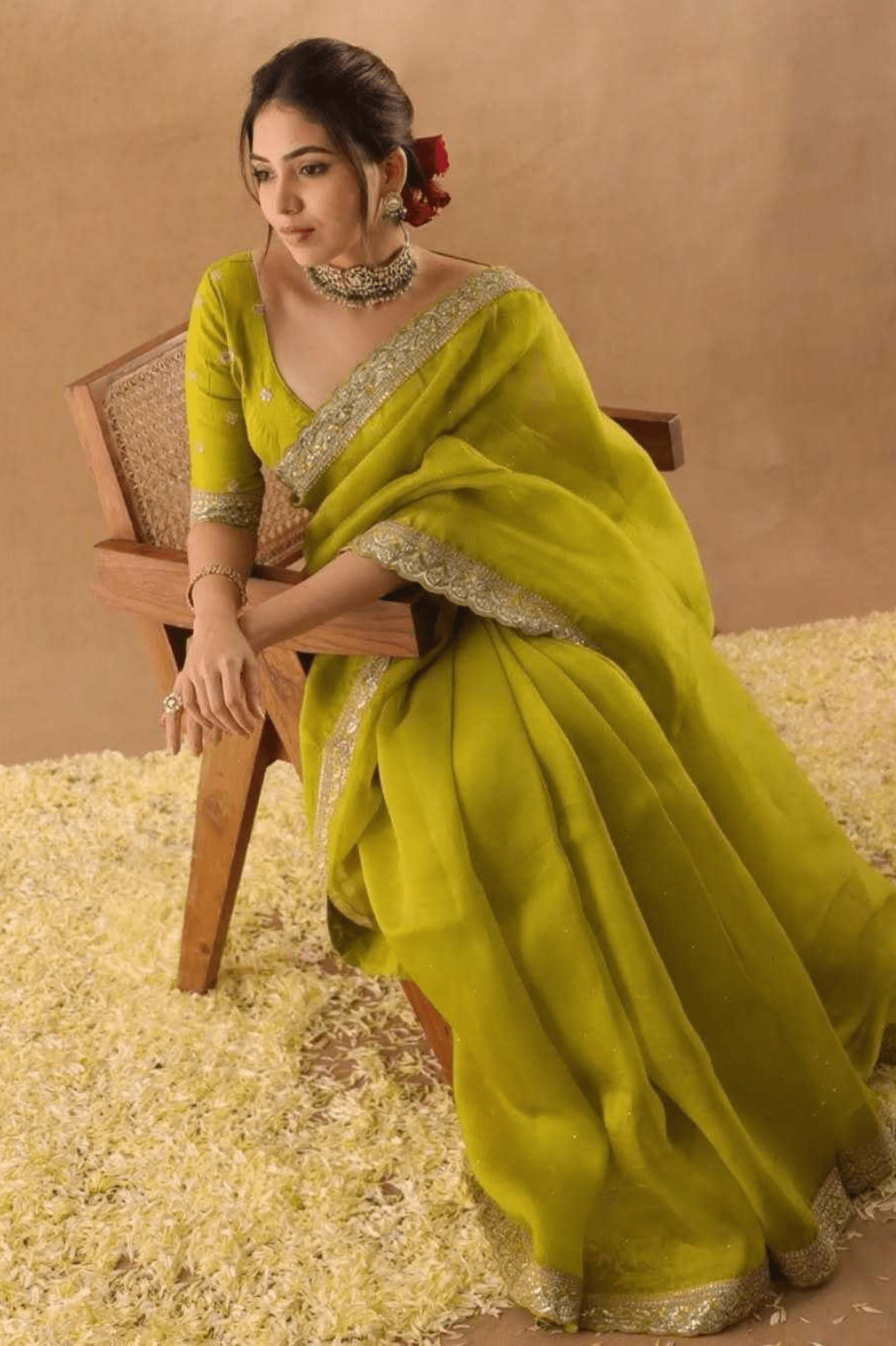 Lime Aura Soft Zimmy Chu Silk Embroidered Saree with Designer Blouse - kavyo.in