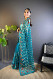 Blue Heavy Butterfly Net Saree with Multicolor Embroidery & Foil Thread Work