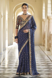 Navy Blue Organza Saree with Zari, Sequins & Thread Embroidery Work