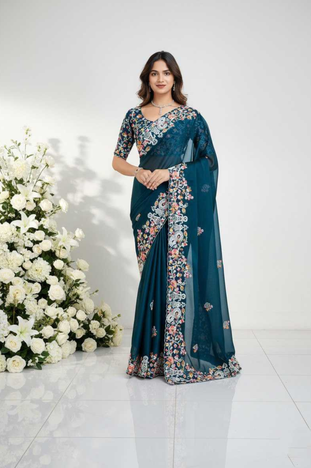 Soft Rangoli Silk Embroidered Saree with Piping Border & Matching Banglory Silk Blouse