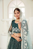 Green Net Multi and Sequence Work Butterfly Net Lehenga Choli & Dupatta Set