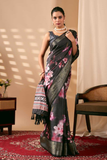 Soft Lichi Silk Saree with Digital Cherry Blossom Print & Golden Zari Border