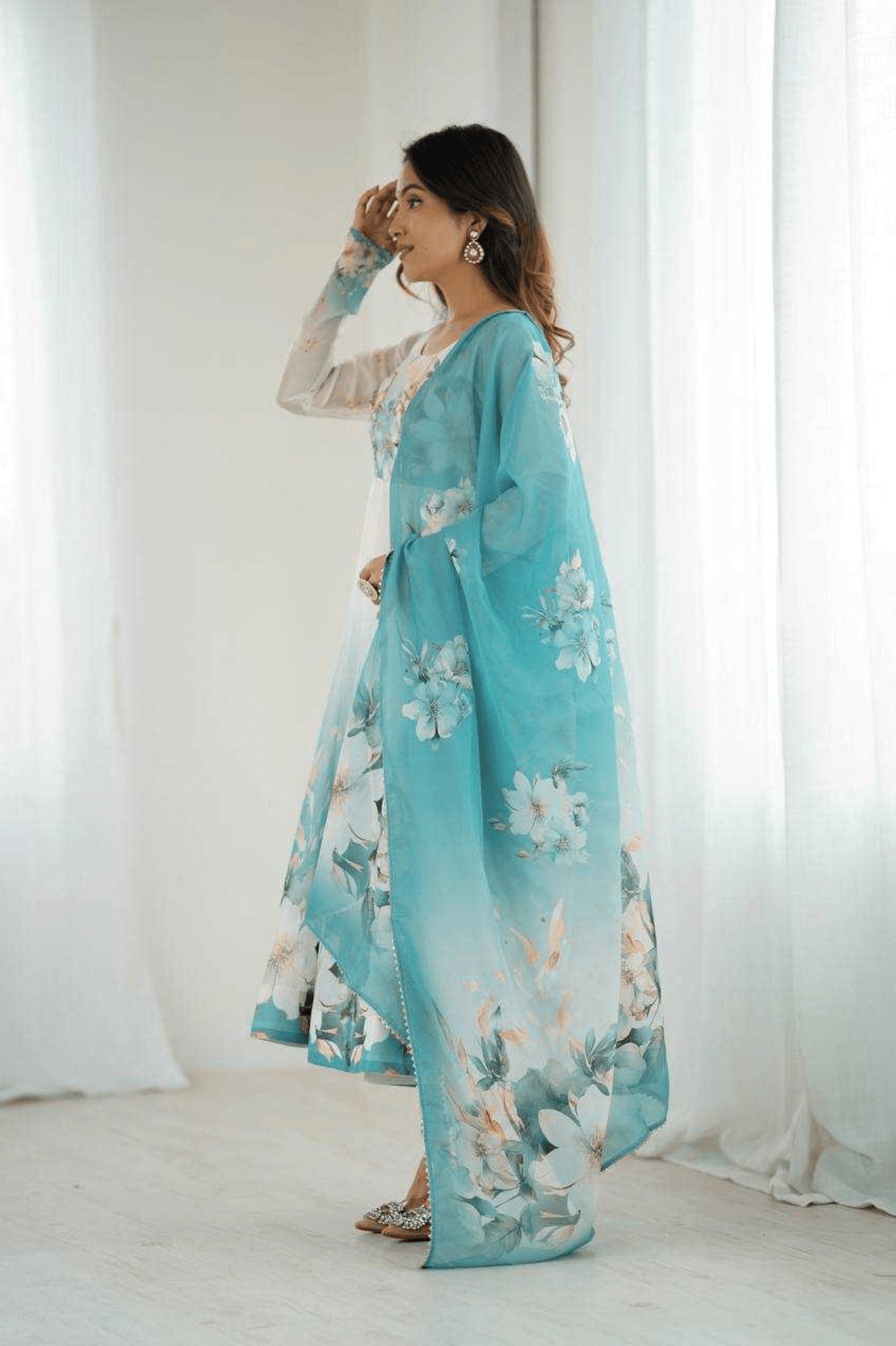 Pastel Aqua Organza Silk Handwork Anarkali Gown Set - kavyo.in