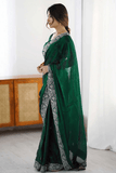 Green Rangoli Party Wear Saree with Embroidered Border Lace - kavyo.in