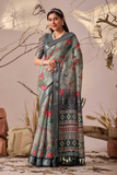 Premium Linen Cotton Saree with Digital Floral & Patola Print
