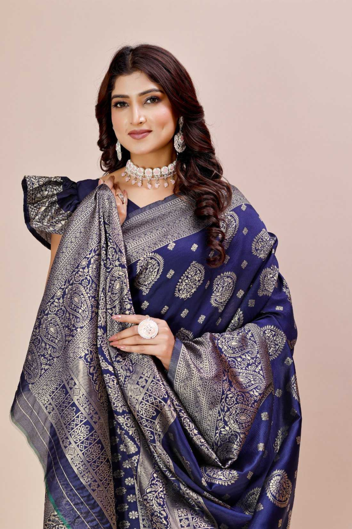 Banarasi Silk Saree with Paisley Butti Motifs and Heavy Zari Border
