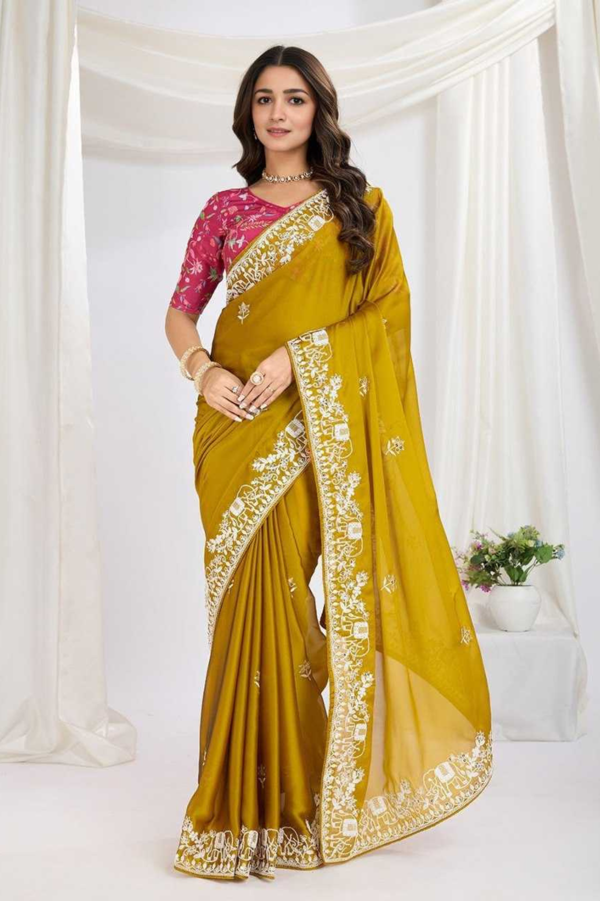 Soft Rangoli Silk Saree with Embroidery Lace Border & Digital Print Blouse