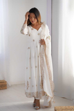 White Chinon Silk Embroidered Gown with Dupatta & Bottom Set
