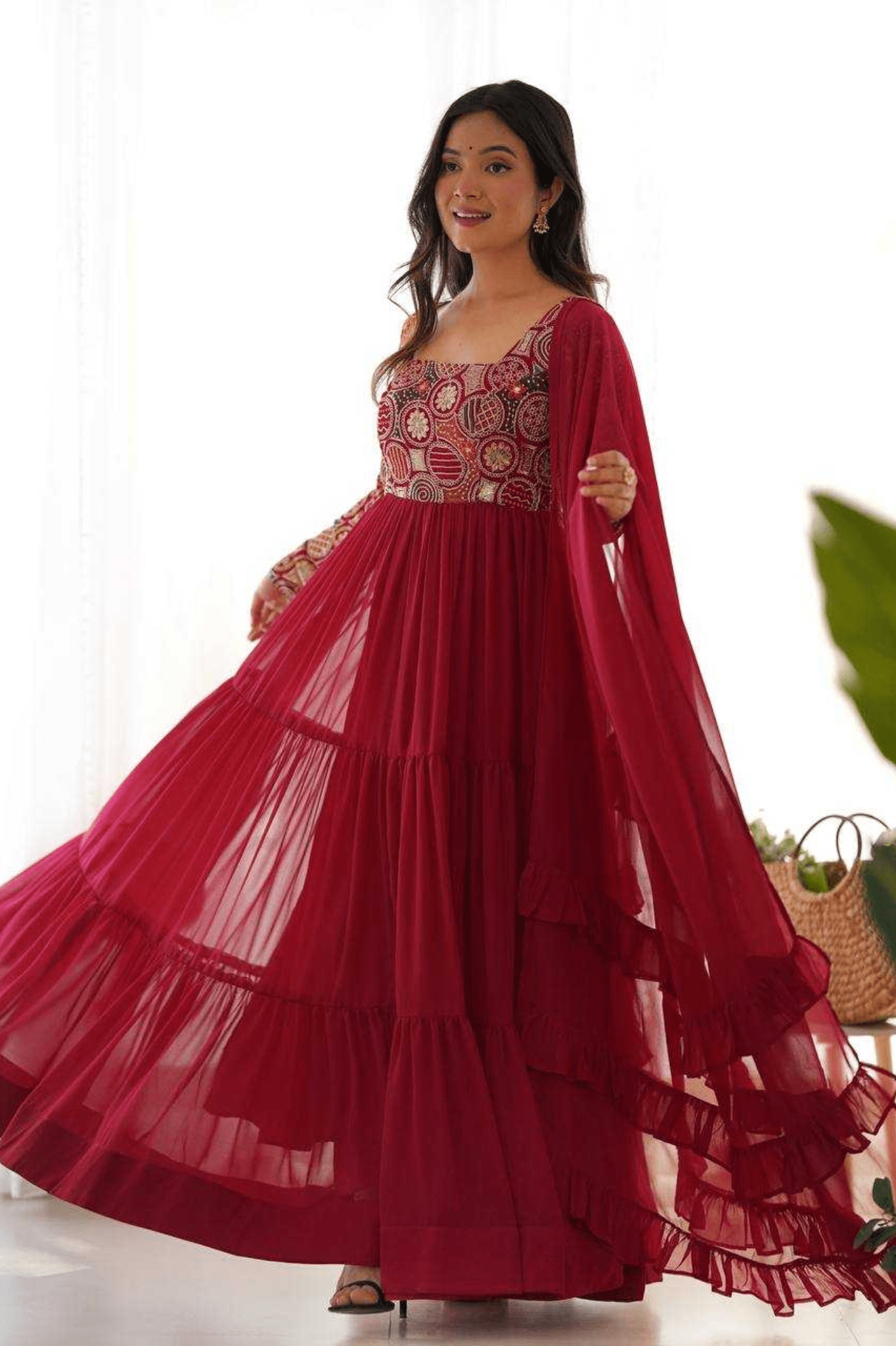 Regal Maroon Fox Georgette Heavy Flare Anarkali Gown Set - kavyo.in