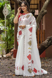 White Soft Chanderi Cotton Saree with Embroidery & Zari Patti Border