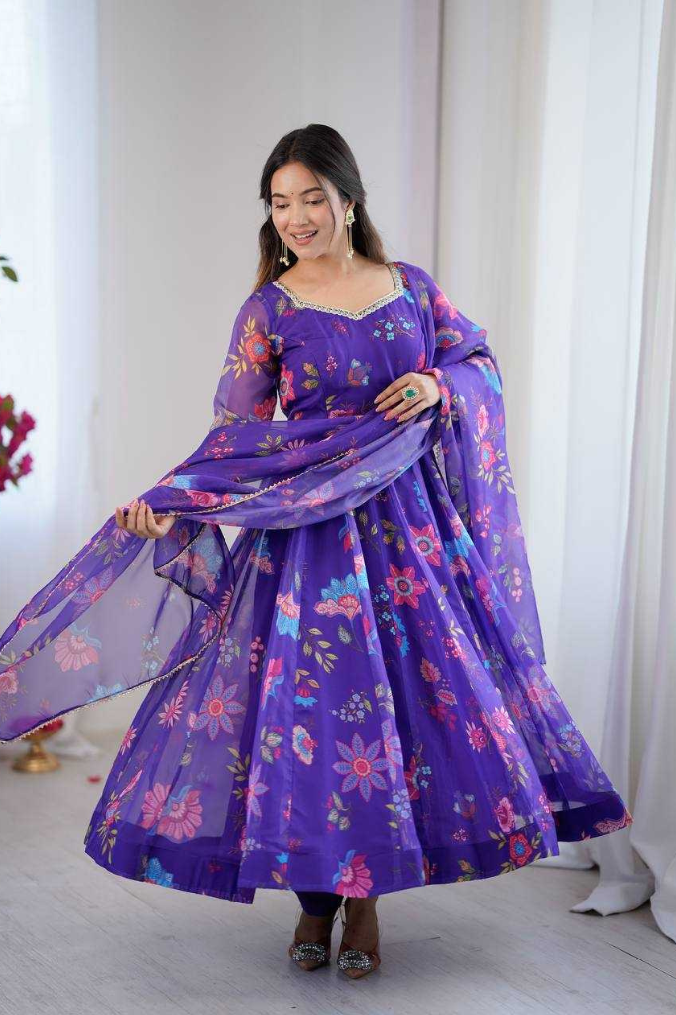 Royal Bloom Organza Floral Anarkali Gown Set - kavyo.in