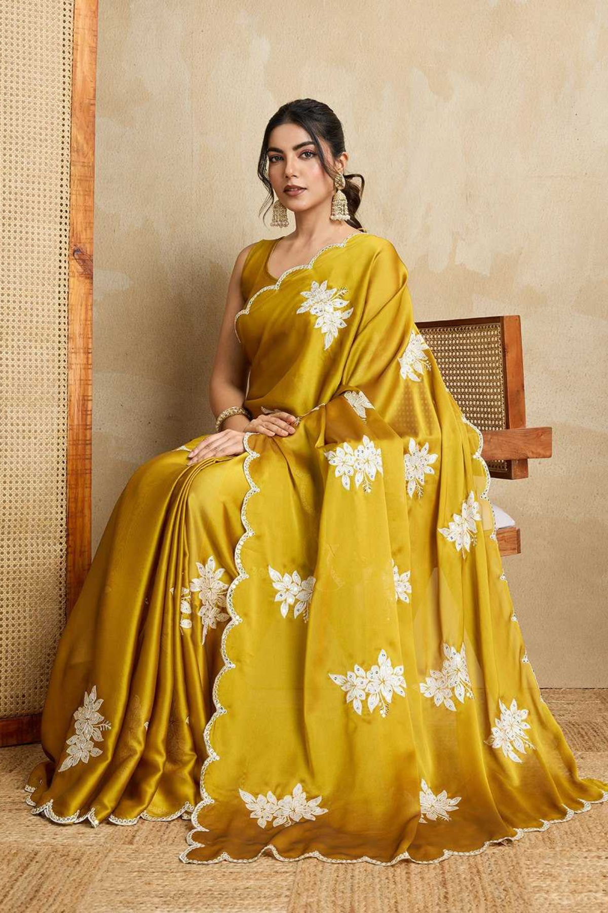 Mustard Yellow Rangoli Silk Saree with Embroidery & Cutwork Border