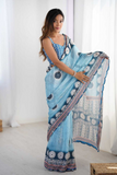 Sky Blue Chinnon Saree with Kutchi Mirror Lace Border