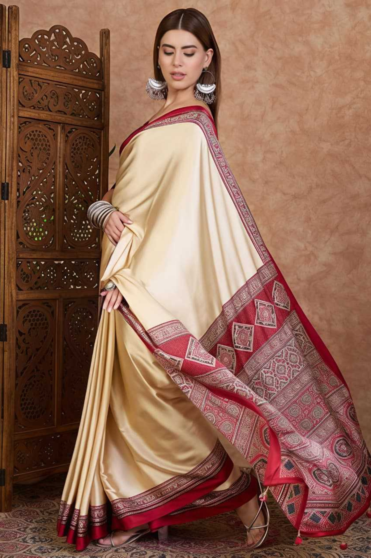 Ivory Royale Pure Modal Silk Ajrakh Border Saree