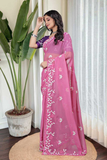 Pink Georgette Embroidered Saree With Contrast Blouse