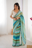 Sky Blue Heavy Smooth Marble Chiffon Leriya Print Saree with Zari Work & Mirror Border
