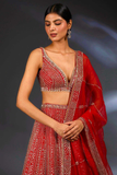 Red Malai Satin Sequins & Dori Embroidered Bridal Lehenga Set