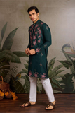 Dark Green Neck Embroidered Kurta Set with White Pant