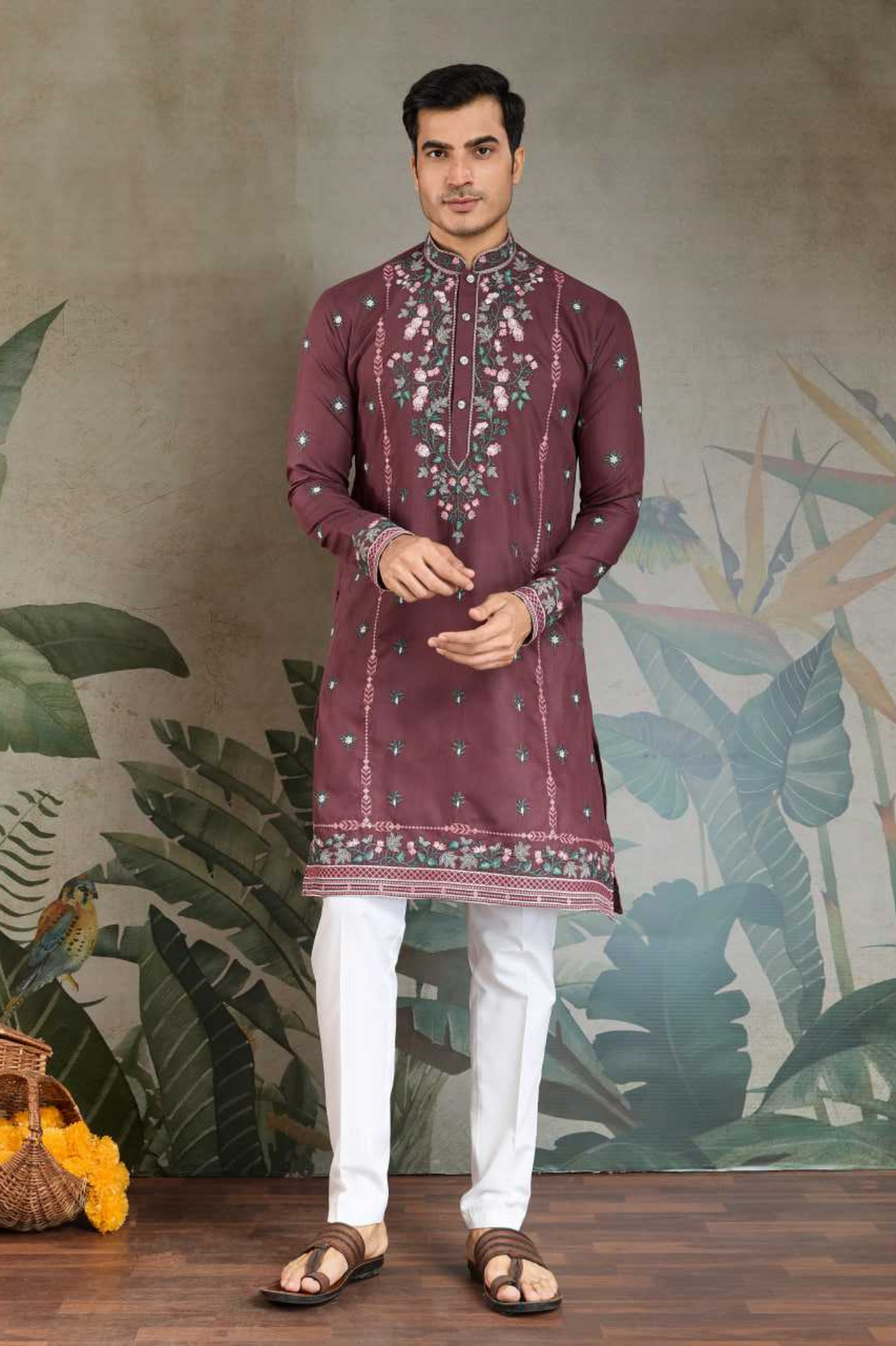 Cocoa Brown Viscose Silk Embroidered Kurta Set