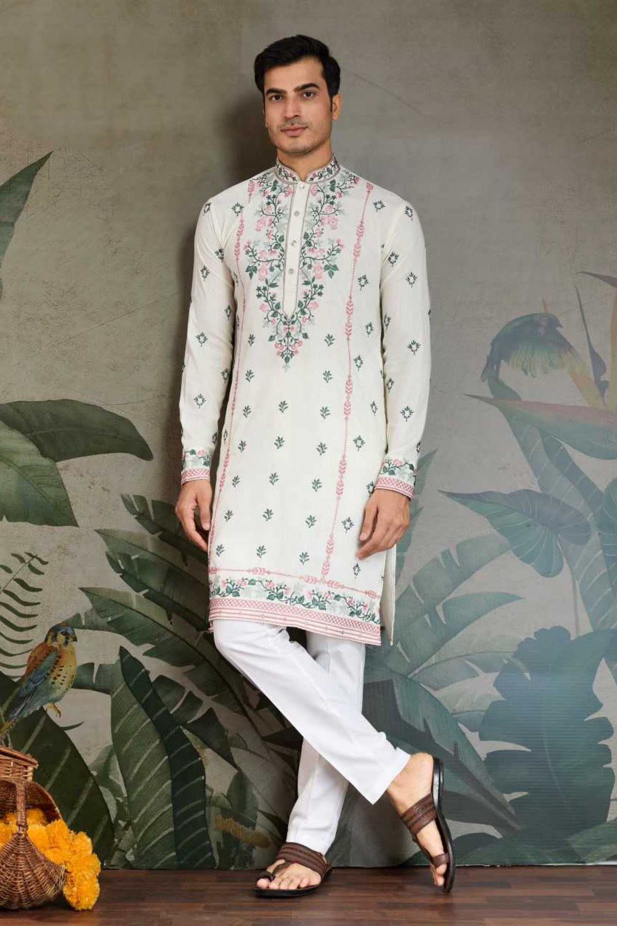 White Viscose Silk Embroidered Kurta Set