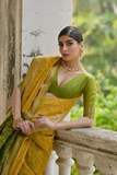 Yellow Soft Desi Raw Silk Saree with Pochampally Ikkat Concept & Zari Weaving Border
