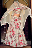 Elegant White Floral Printed Georgette Lehenga with Pearl Work Blouse & Georgette Dupatta