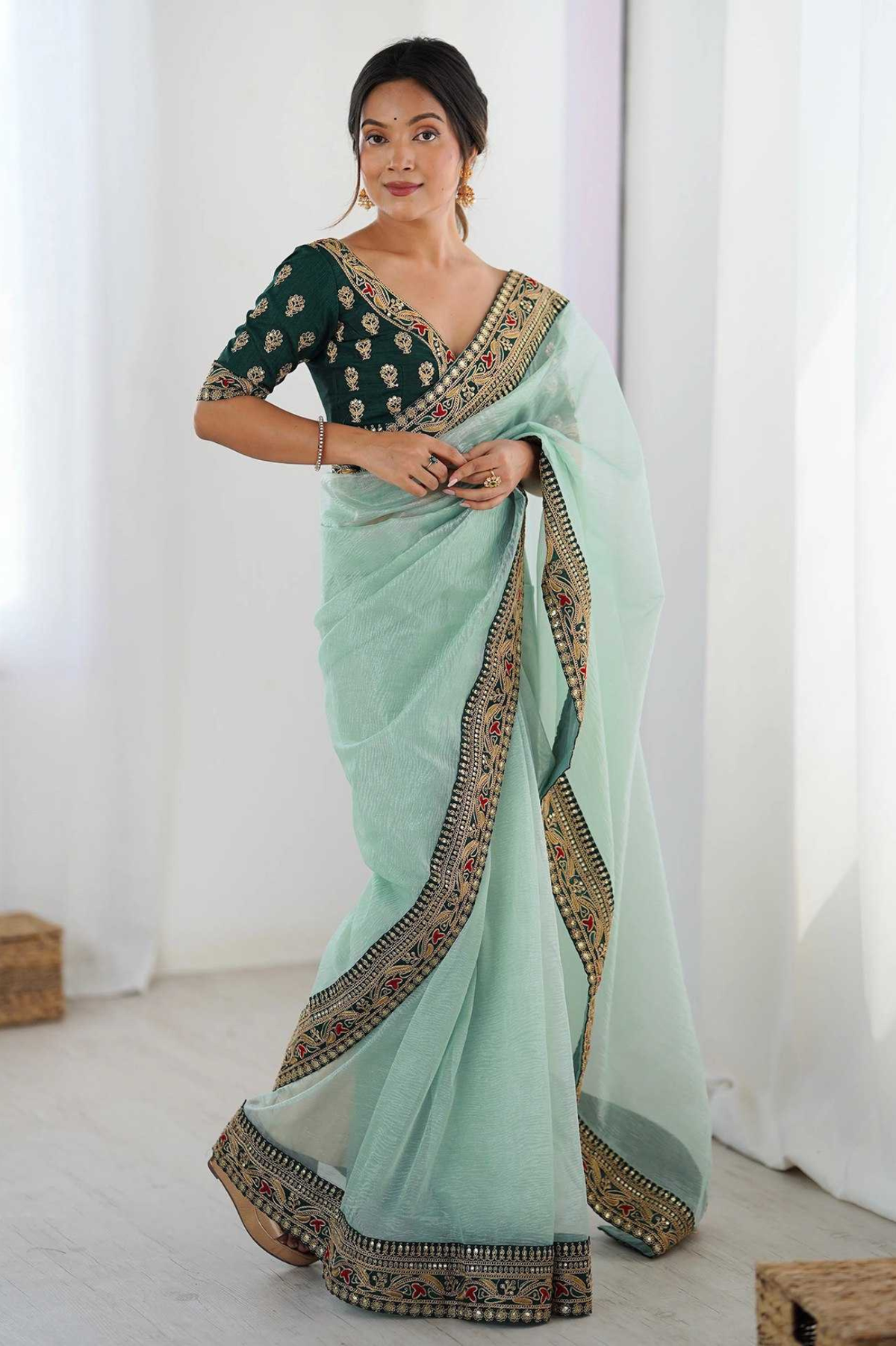 Net Wedding Wear Saree with Embroidered Border Lace