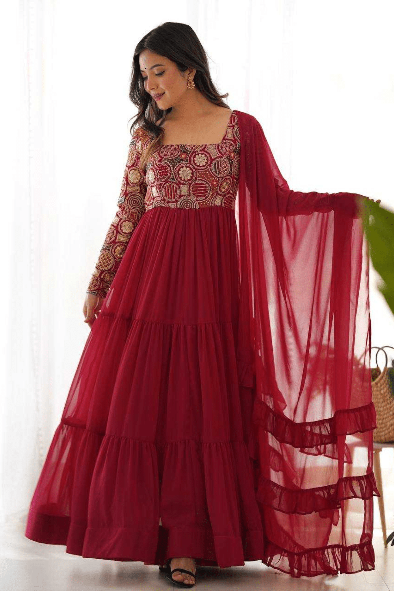 Regal Maroon Fox Georgette Heavy Flare Anarkali Gown Set - kavyo.in